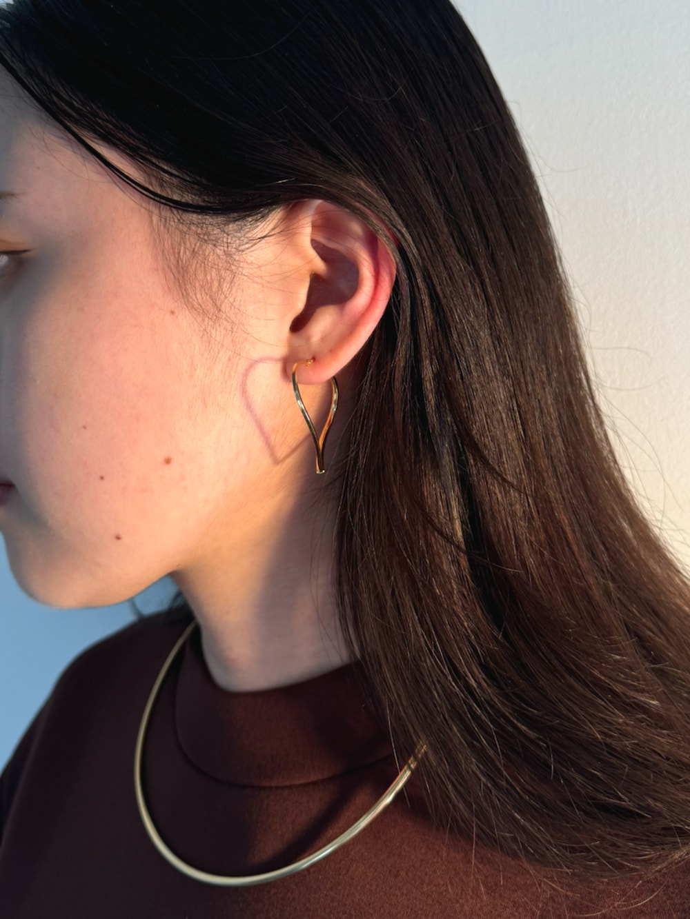 ブラウン系のスカート、ブラウン系のスウェット、ゴールド系のネックレスを着用したレディースの秋コーディネートの2枚目の写真