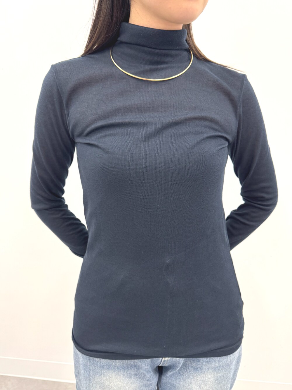 ブルー系のTシャツ/カットソー、ゴールド系のネックレス、ゴールド系のピアス（両耳用）を着用したレディースの冬コーディネートの2枚目の写真