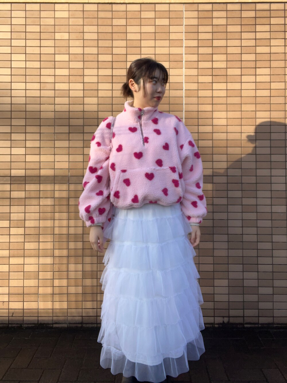 「出勤コーデ、アパレルスタッフ、チュールスカート、トレンド、ootd、LOWRYS FARM、wcloset」｜「w closetのアイテム（ジャケット/アウター、ピンク系）」を使った、暖乃さん（レディース・159cm）の冬コーディネートの2枚目の写真