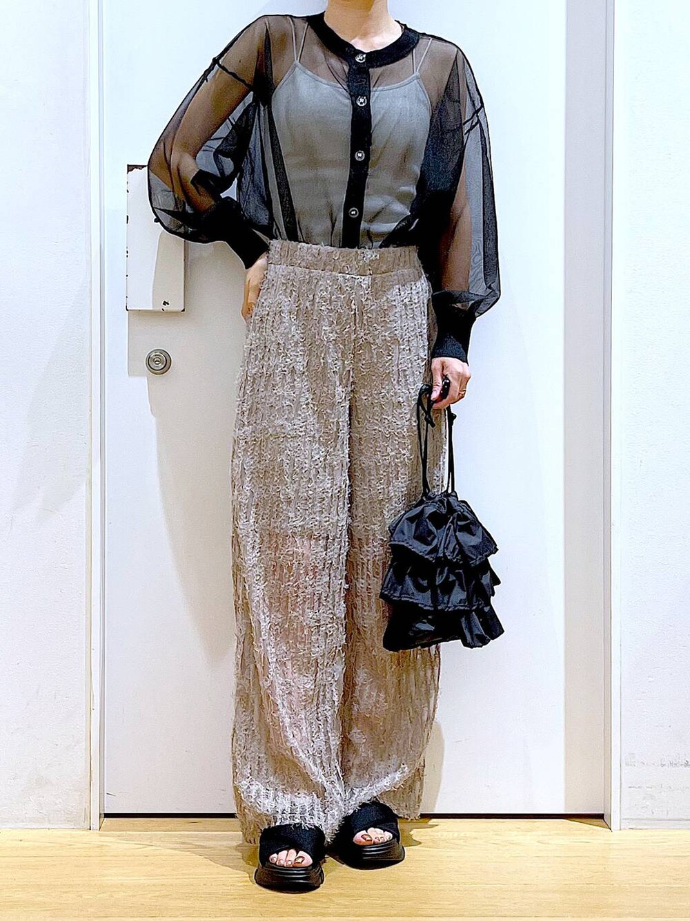 ブラック系のショルダーバッグ、ブラック系のサンダル、ブラック系のカーディガン/ボレロを着用したレディースの夏コーディネートの6枚目の写真