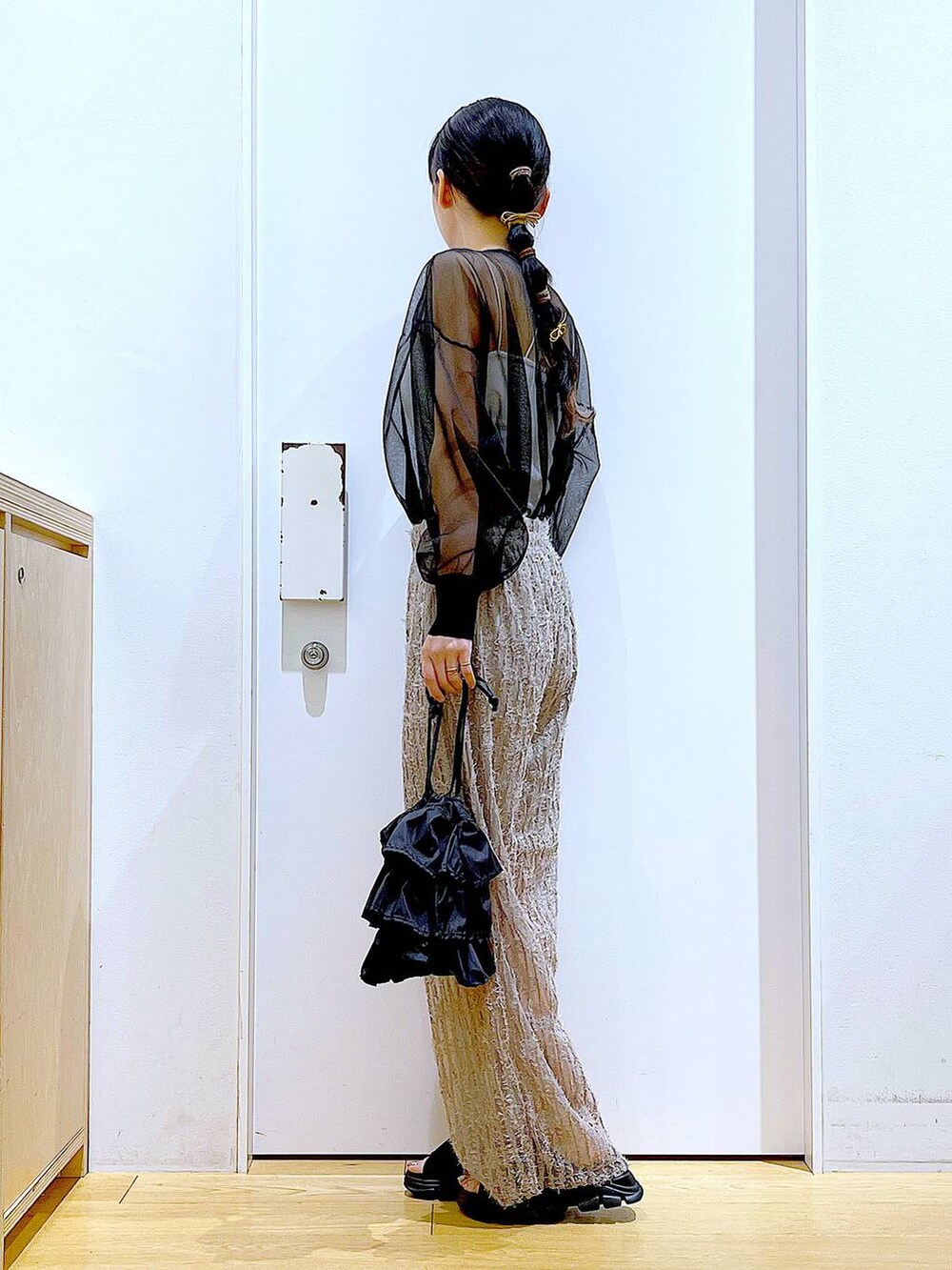 ブラック系のショルダーバッグ、ブラック系のサンダル、ブラック系のカーディガン/ボレロを着用したレディースの夏コーディネートの3枚目の写真