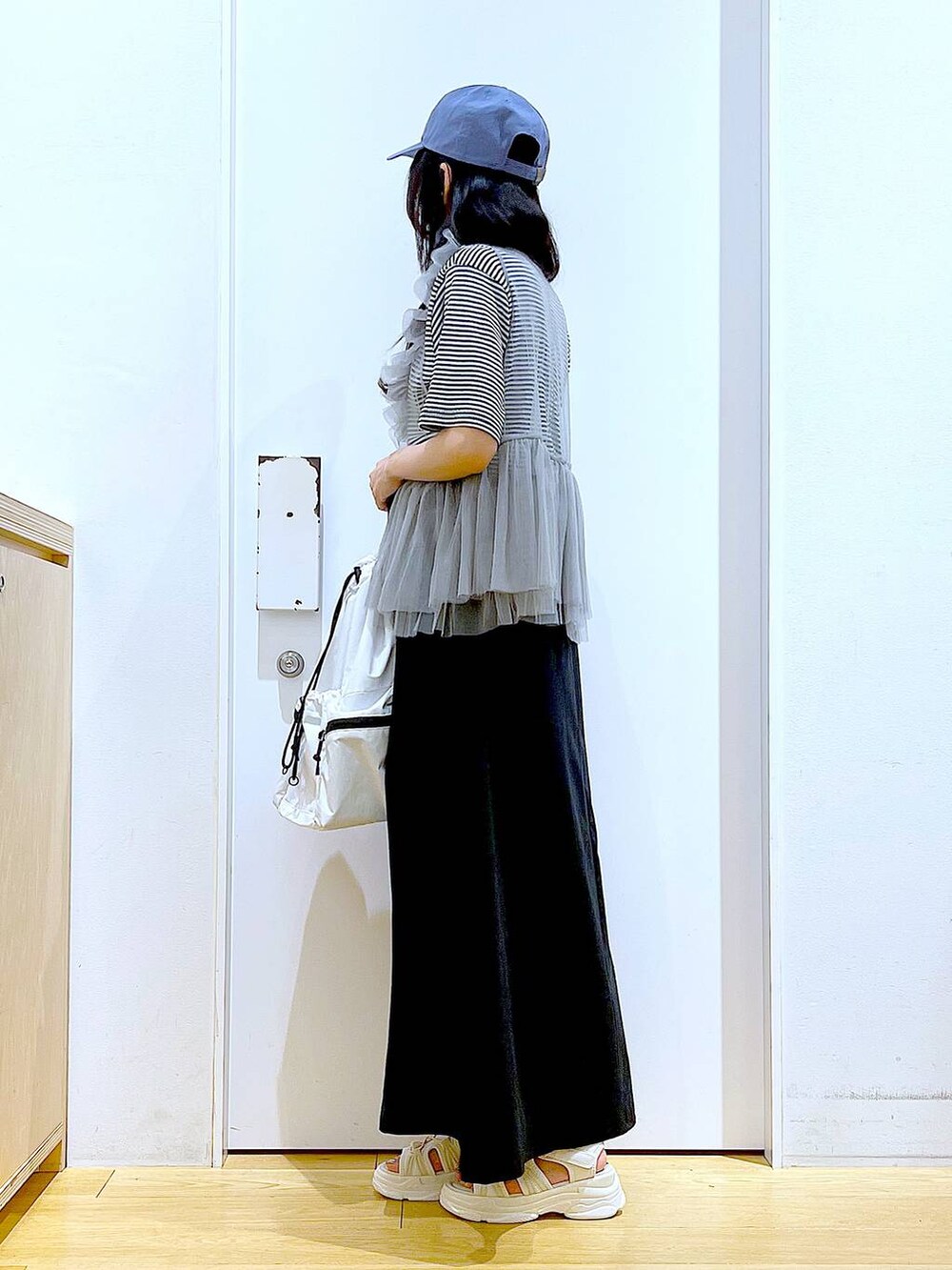 ホワイト系のショルダーバッグ、ホワイト系のサンダル、ブラック系のスカートを着用したレディースの夏コーディネートの3枚目の写真