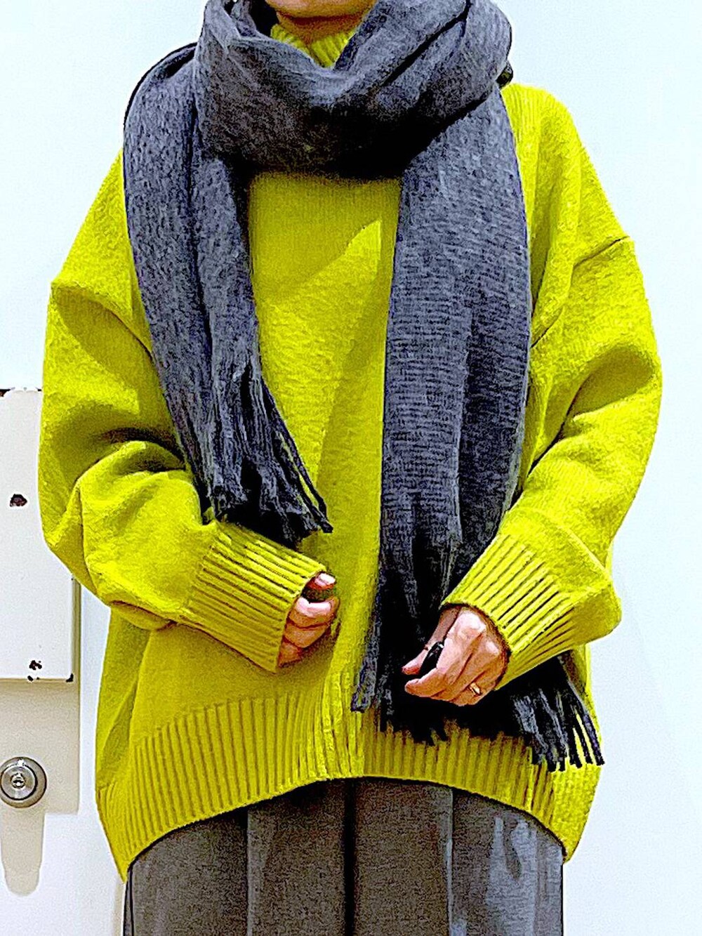 ブラック系のブーツ、シルバー系のショルダーバッグ、グレー系のその他パンツを着用したレディースの冬コーディネートの7枚目の写真