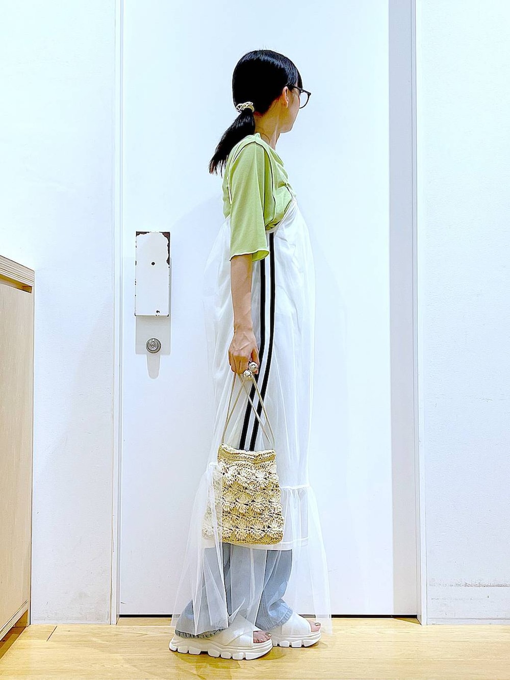 ホワイト系のサンダル、ホワイト系のワンピース、ベージュ系のショルダーバッグを着用したレディースの夏コーディネートの4枚目の写真