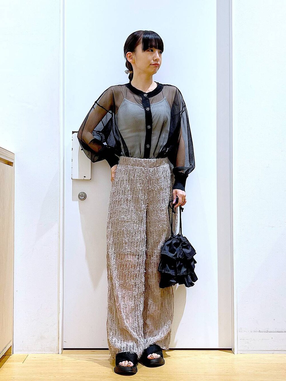 ブラック系のショルダーバッグ、ブラック系のサンダル、ブラック系のカーディガン/ボレロを着用したレディースの夏コーディネートの2枚目の写真