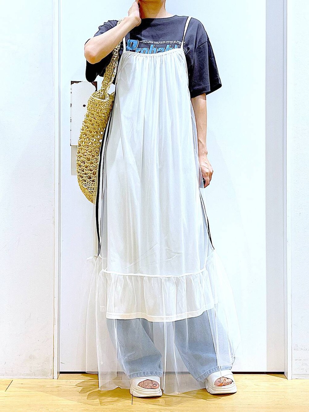 ホワイト系のサンダル、ブルー系のデニムパンツ、ホワイト系のトートバッグを着用したレディースの夏コーディネートの6枚目の写真