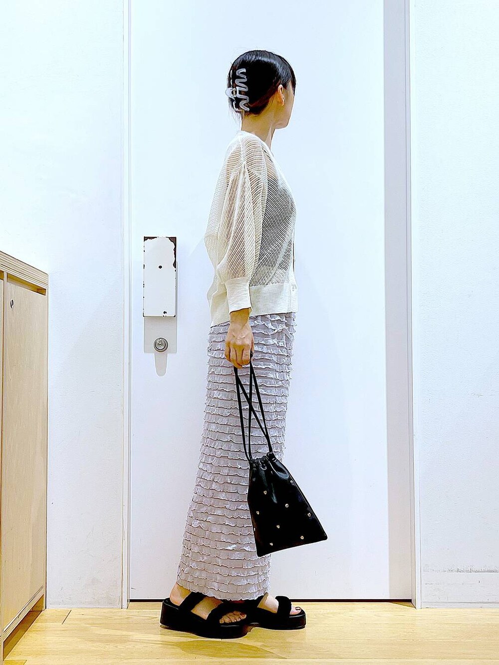 ブラック系のサンダル、ブラック系のショルダーバッグ、ホワイト系のカーディガン/ボレロを着用したレディースの夏コーディネートの4枚目の写真