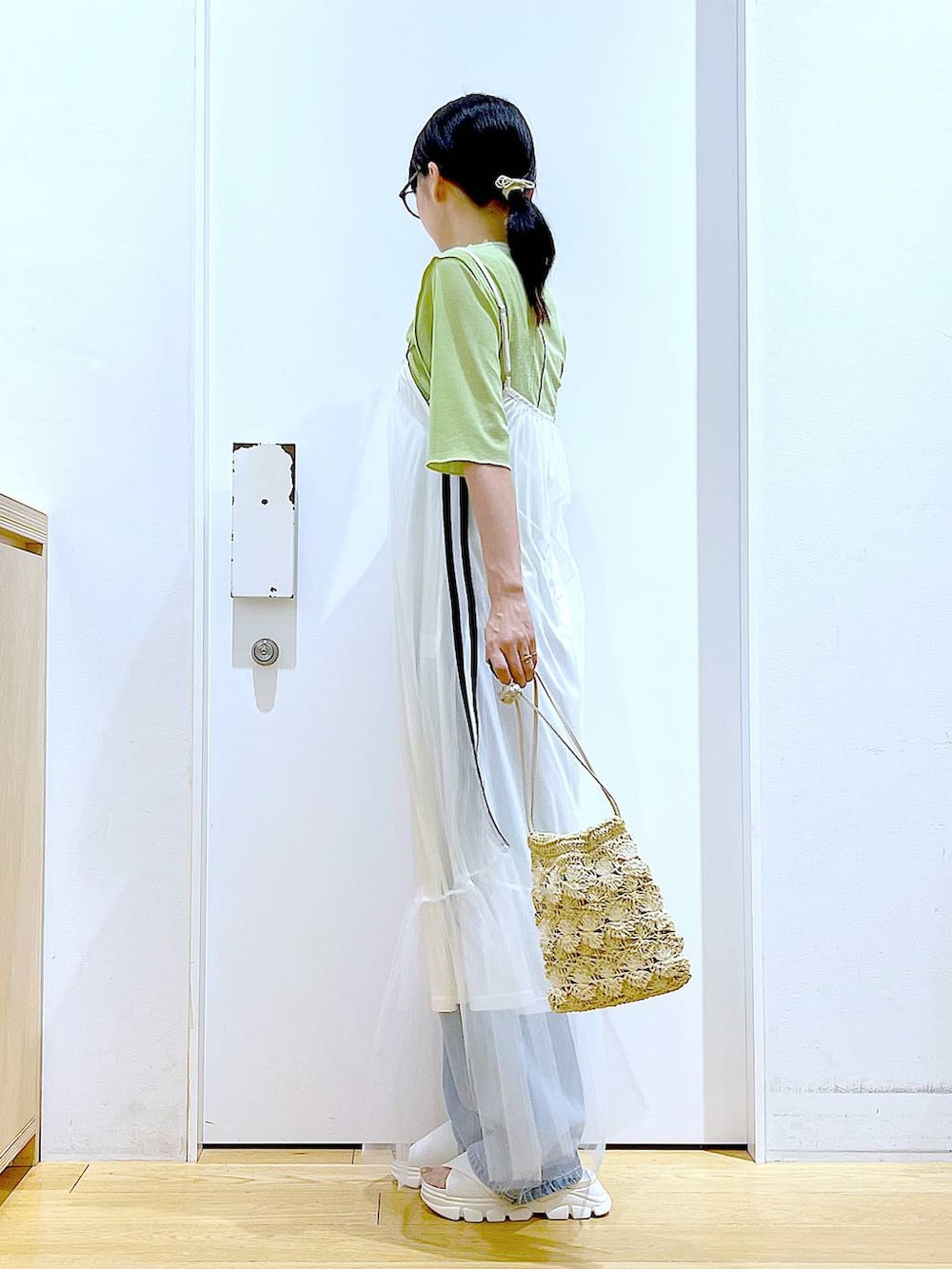 ホワイト系のサンダル、ホワイト系のワンピース、ベージュ系のショルダーバッグを着用したレディースの夏コーディネートの3枚目の写真