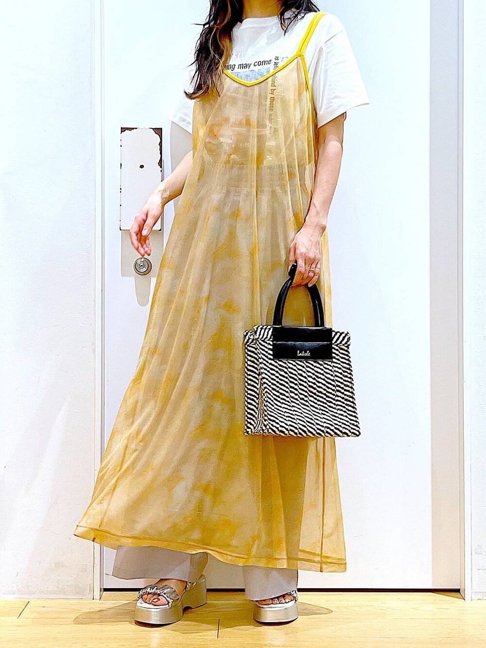 シルバー系のサンダル、オレンジ系のワンピース、ブラック系のショルダーバッグを着用したレディースの夏コーディネートの6枚目の写真