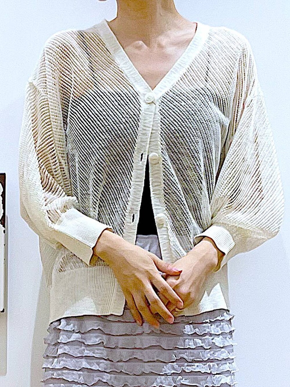 ブラック系のサンダル、ブラック系のショルダーバッグ、ホワイト系のカーディガン/ボレロを着用したレディースの夏コーディネートの7枚目の写真