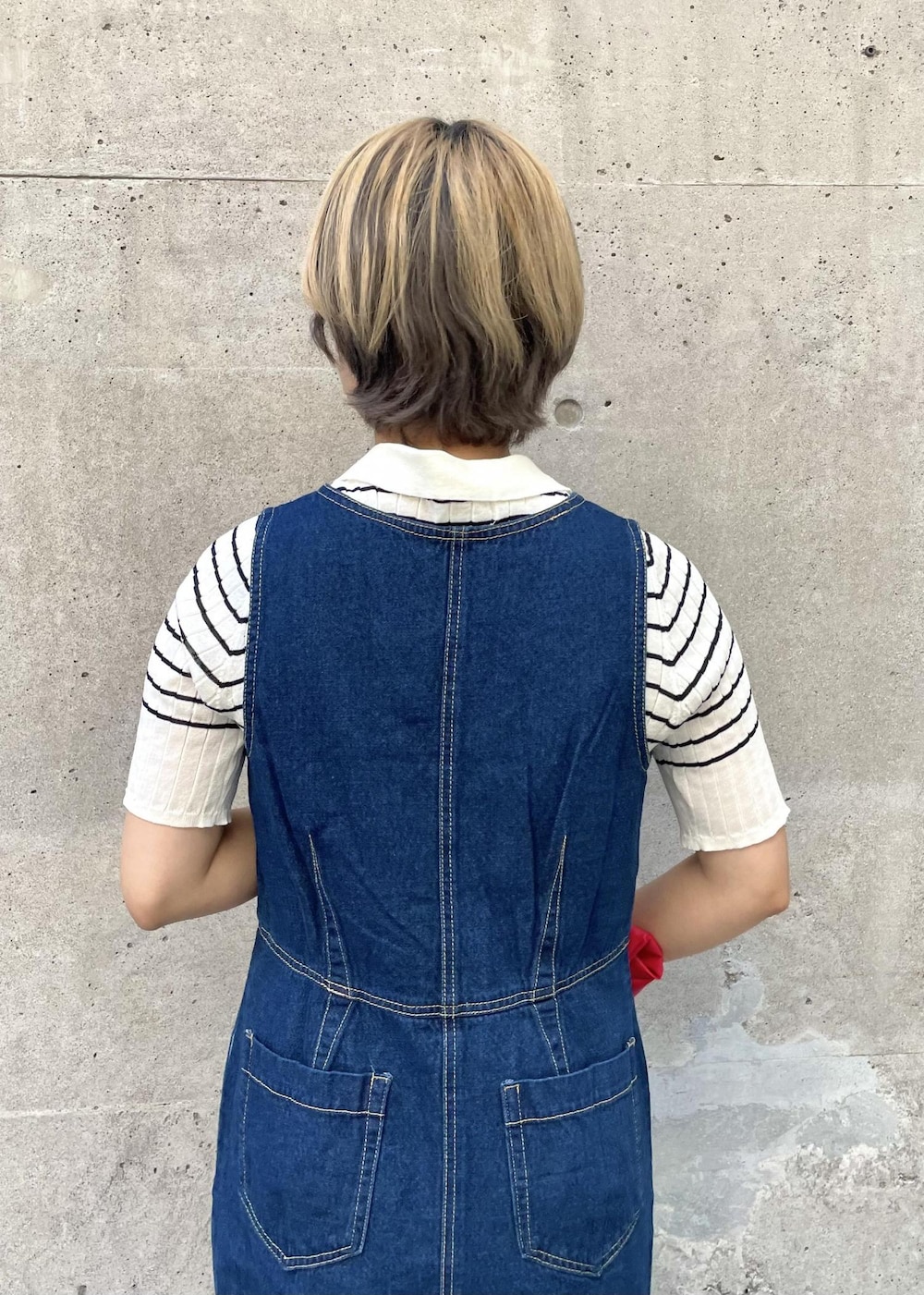 「ブルー、ネイビー、クルーネック、カーディガン、ボーダー、ビスチェ、ロング、ノースリーブ、Vネック、ミモレ、スリット、タイト、タイトワンピース、ロング丈、サイドスリット」｜「ROPE' PICNICのハーフスリーブシアーポロニット（ニット/セーター、ホワイト系）」を使った、ponnuさん（レディース・154cm）の夏コーディネートの5枚目の写真