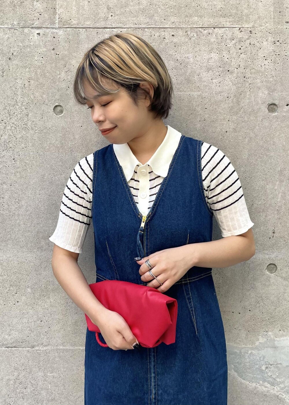 「ブルー、ネイビー、クルーネック、カーディガン、ボーダー、ビスチェ、ロング、ノースリーブ、Vネック、ミモレ、スリット、タイト、タイトワンピース、ロング丈、サイドスリット」｜「ROPE' PICNICのハーフスリーブシアーポロニット（ニット/セーター、ホワイト系）」を使った、ponnuさん（レディース・154cm）の夏コーディネートの4枚目の写真
