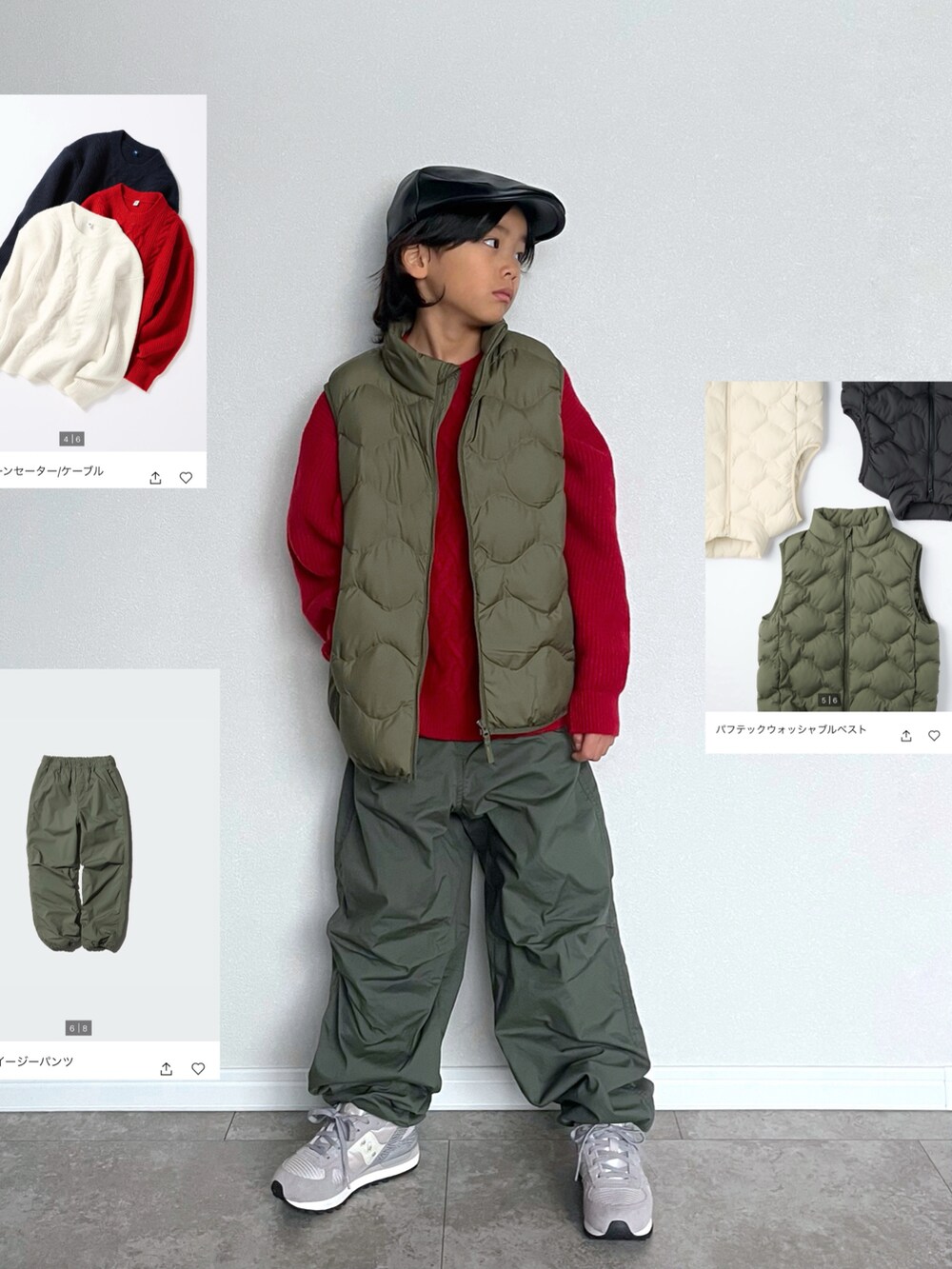 「冬コーデ、クリスマスに着たい服、マイベストコーデ2024、ニット、ベスト、レイヤードスタイル、セットアップ、プチプラ、カジュアルコーデ、ストリート、カーゴパンツ、キッズコーデ、あったかコーデ、おしゃれさんと繋がりたい、お出かけコーデ」｜「UNIQLOのアイテム（ダウンベスト、グリーン系）」を使った、mahitenさん（キッズ・127cm）の冬コーディネートの2枚目の写真