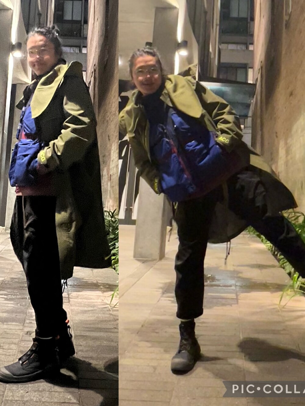 グリーン系のマウンテンパーカー、ブルー系のその他アウター、ブラック系のチノパンツを着用したメンズの夏コーディネートの2枚目の写真