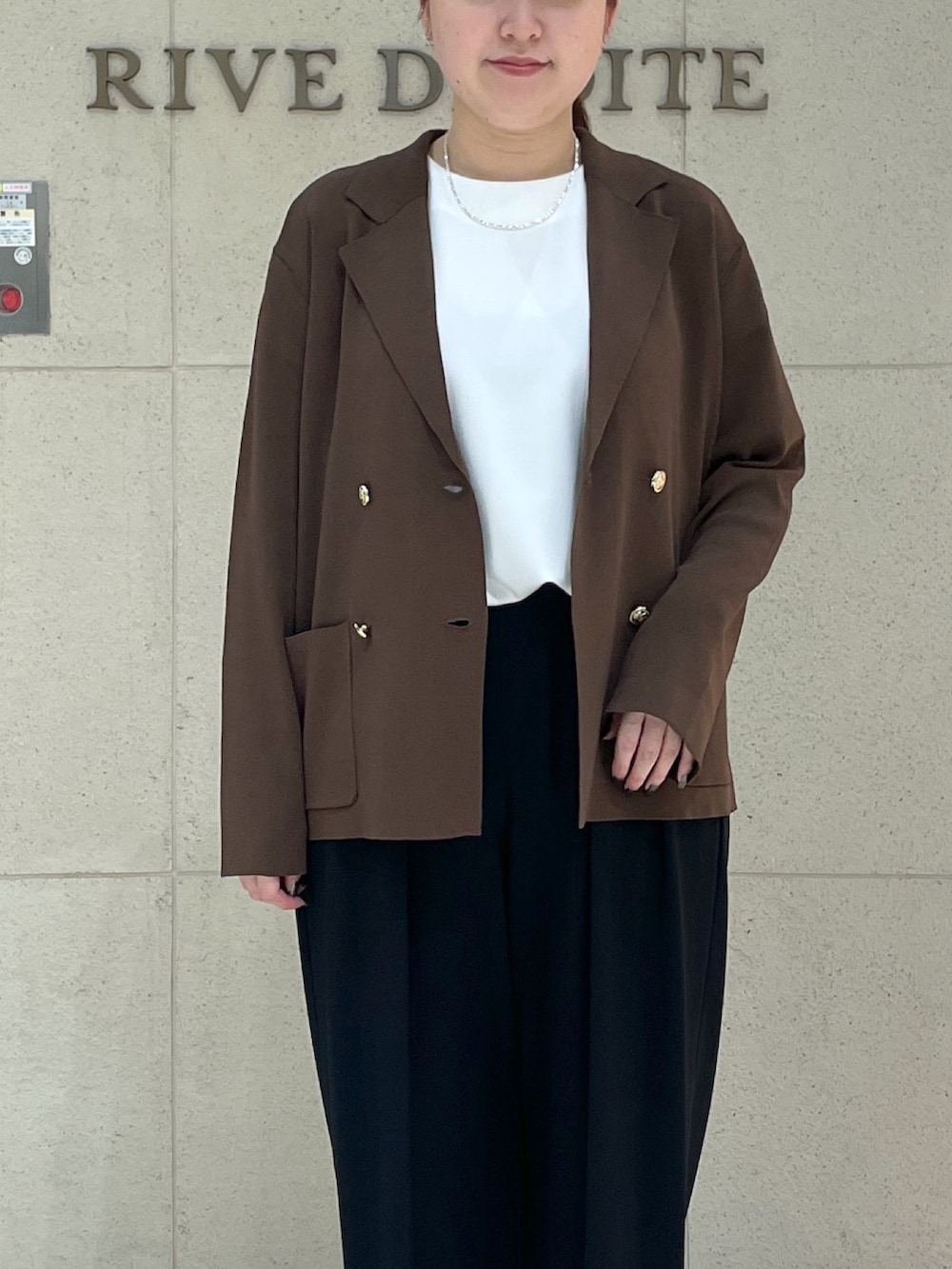 ブラック系のスラックス、ブラウン系のテーラードジャケット、ホワイト系のTシャツ/カットソーを着用したレディースの夏コーディネートの5枚目の写真