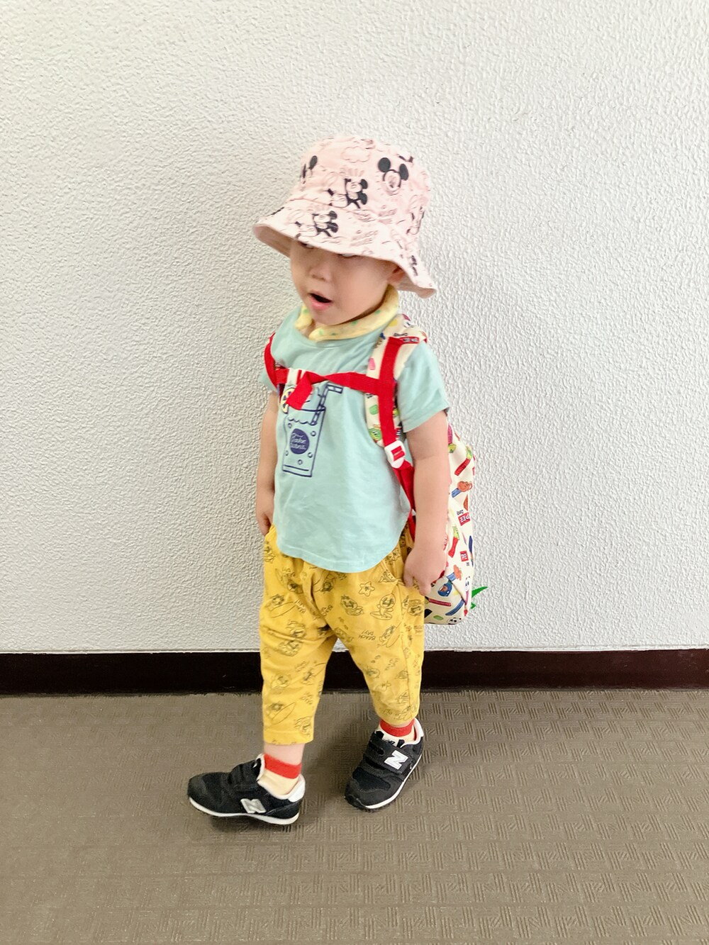 「登園スタイル、アツいコーデ全部見せ、レイヤードスタイル、お出かけコーデ、プチプラ」｜「西松屋のアイテム（Tシャツ/カットソー、グリーン系）」を使った、りんちゃんのさん（キッズ・100cm）の夏コーディネートの4枚目の写真