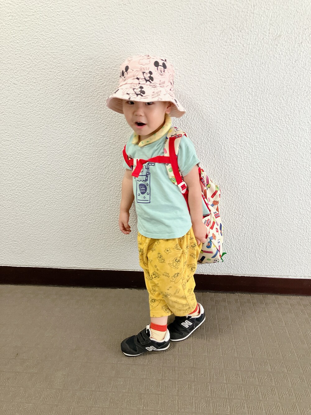 「登園スタイル、アツいコーデ全部見せ、レイヤードスタイル、お出かけコーデ、プチプラ」｜「西松屋のアイテム（Tシャツ/カットソー、グリーン系）」を使った、りんちゃんのさん（キッズ・100cm）の夏コーディネートの5枚目の写真