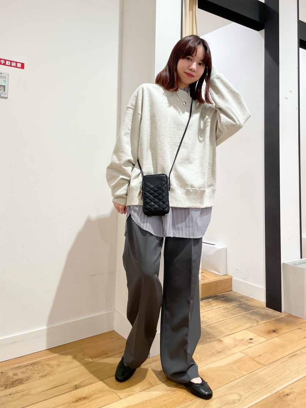 グレー系のその他パンツ、ブラック系のバレエシューズ、その他のシャツ/ブラウスを着用したレディースの春コーディネートの2枚目の写真