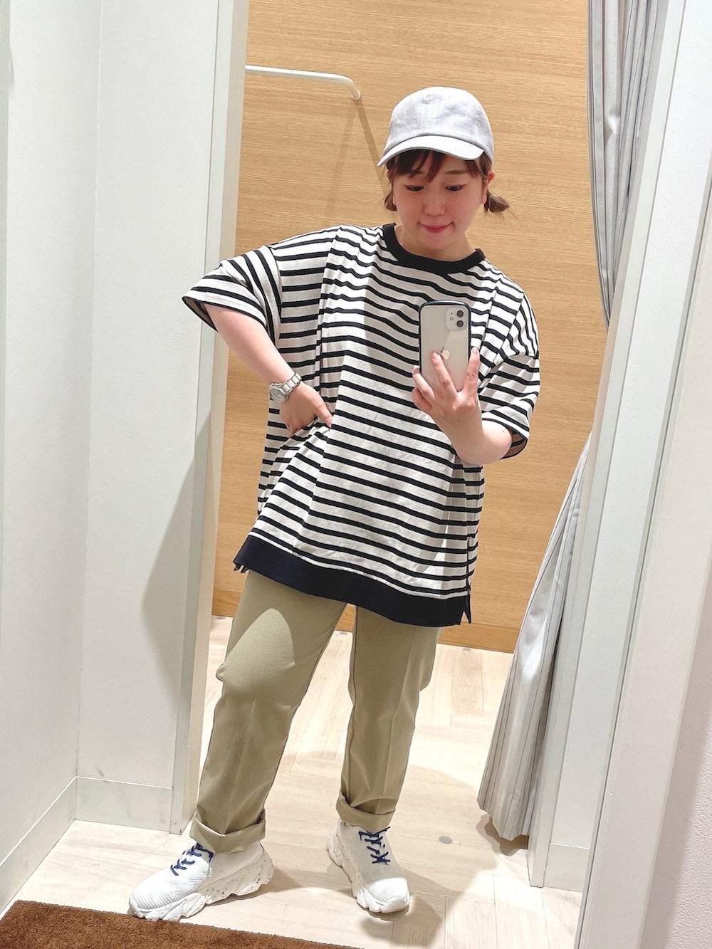 「ボーダー、Tシャツ、キャップ、スニーカー、リュック、シャツスタイル、夏コーデ、春コーデ、ラフ、カジュアルコーデ、低身長」｜「studio CLIPのUSAコットンビッグTチュニック（Tシャツ/カットソー、その他）」を使った、み と ず と きさん（レディース・152cm）の春コーディネートの7枚目の写真