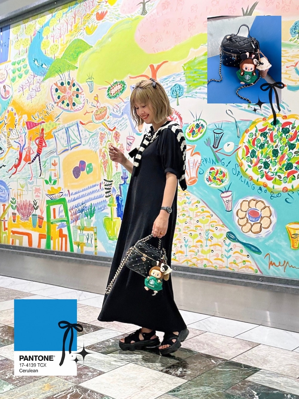 ブラック系のサンダル、ブラック系のワンピース、ブラック系のショルダーバッグを着用したレディースの秋コーディネートの4枚目の写真