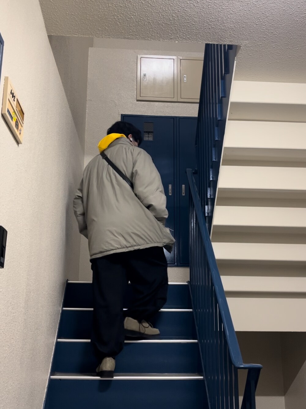 シルバー系のダウンジャケット/コート、ブラック系のショルダーバッグ、イエロー系のパーカーを着用したメンズの冬コーディネートの2枚目の写真