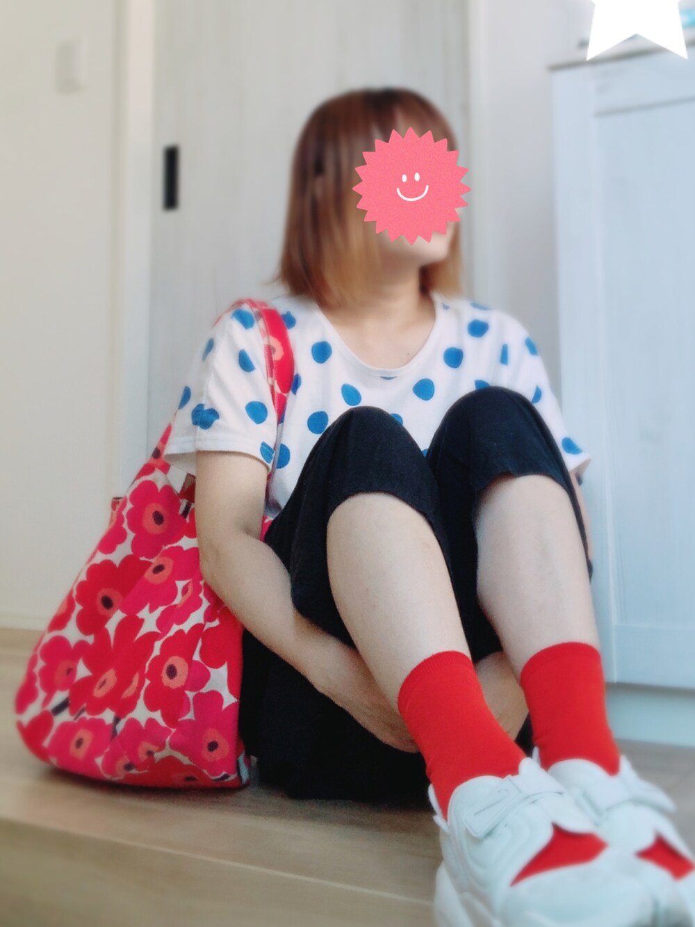 「休日コーデ、大人かわいい、低身長コーデ、大人ガーリー、お洒落さんとつながりたい、アクアリフト、ナイキ、マリメッコ、ラクチンコーデ、ビタミンカラー、ドット、Tシャツ」｜「FRAPBOISのポルボーダー カットソー（Tシャツ/カットソー、ブルー系）」を使った、まっきぃ〜さん（レディース・156cm）の夏コーディネートの2枚目の写真