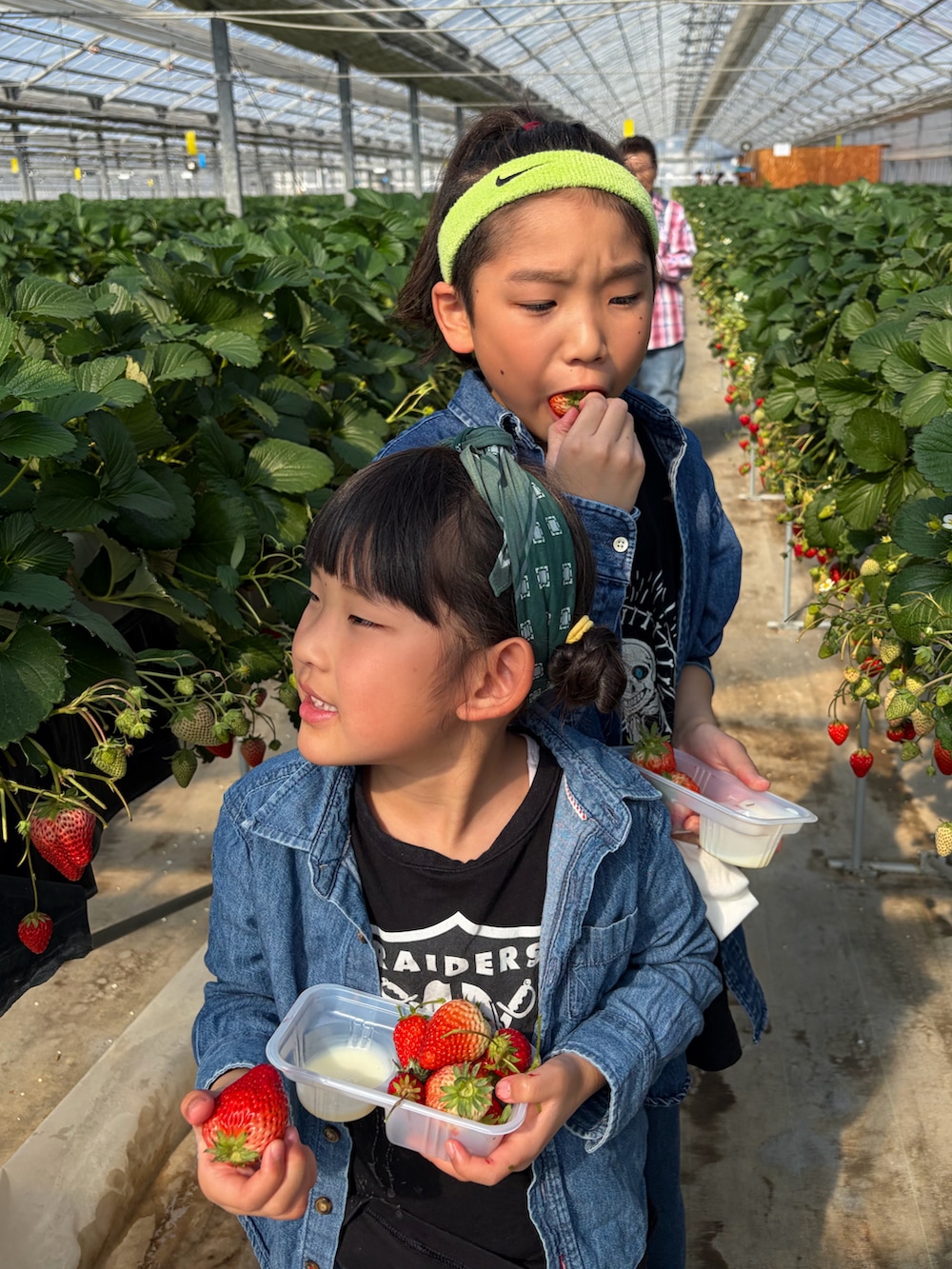 ブラック系のTシャツ/カットソー、ブルー系のデニムパンツ、レッド系のスニーカーを着用したキッズの春コーディネートの2枚目の写真