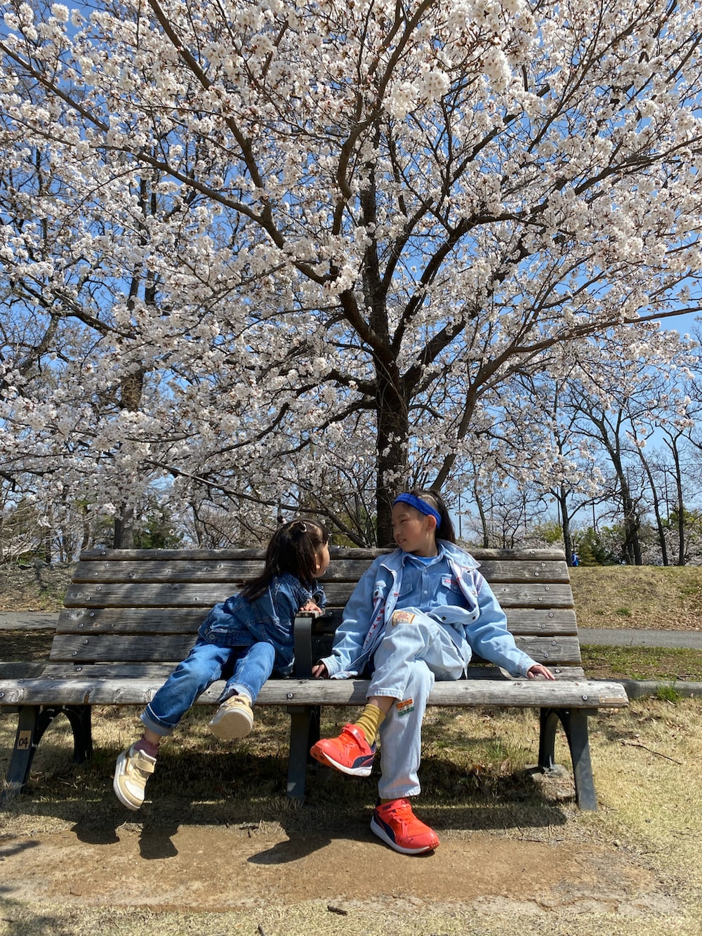 ブルー系のデニムジャケット、ブルー系のデニムパンツ、ホワイト系のアンサンブルを着用したキッズの春コーディネートの3枚目の写真