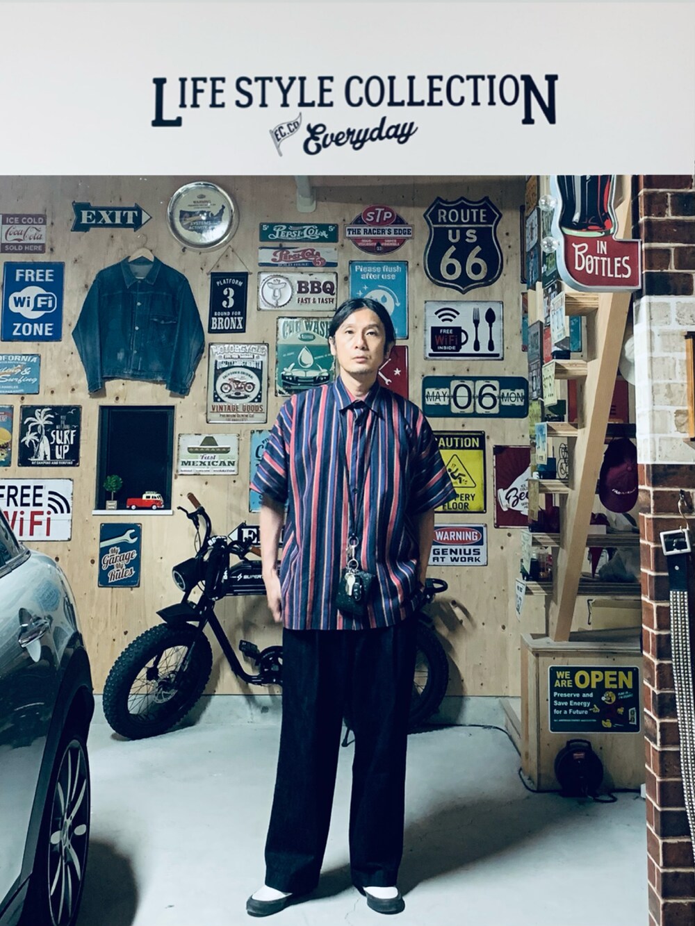 ブルー系のデニムパンツ、その他のシャツ/ブラウス、ホワイト系のスニーカーを着用したメンズの夏コーディネートの2枚目の写真