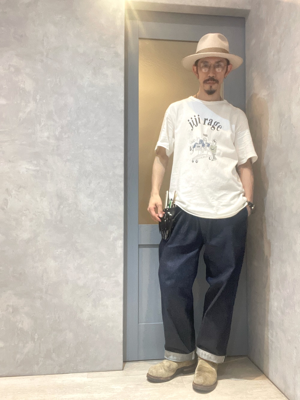 「きれいめカジュアル、雨の日コーデ、ハット、カシラ帽子、ootd、ALMW by WAIPER、デニムパンツ、迷彩ジャケット、ECWCS、エンジニアブーツ、RED WING」｜「CA4LAのアイテム（ハット、ベージュ系）」を使った、umezaru715さん（メンズ・177cm）の春コーディネートの2枚目の写真