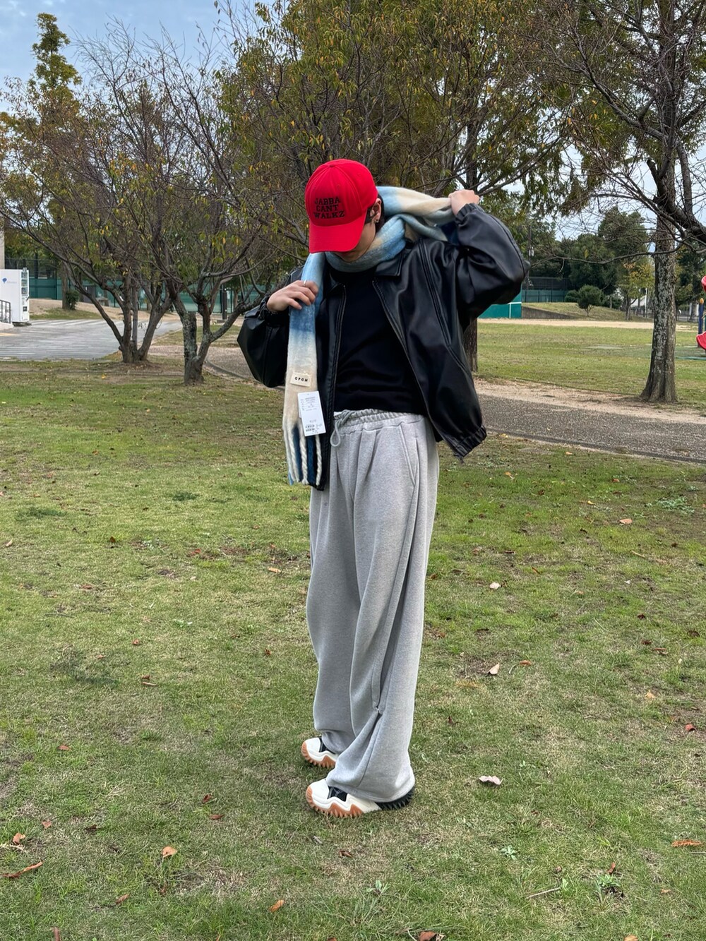 ブラック系のブルゾン、ブルー系のマフラーを着用したメンズの冬コーディネートの2枚目の写真