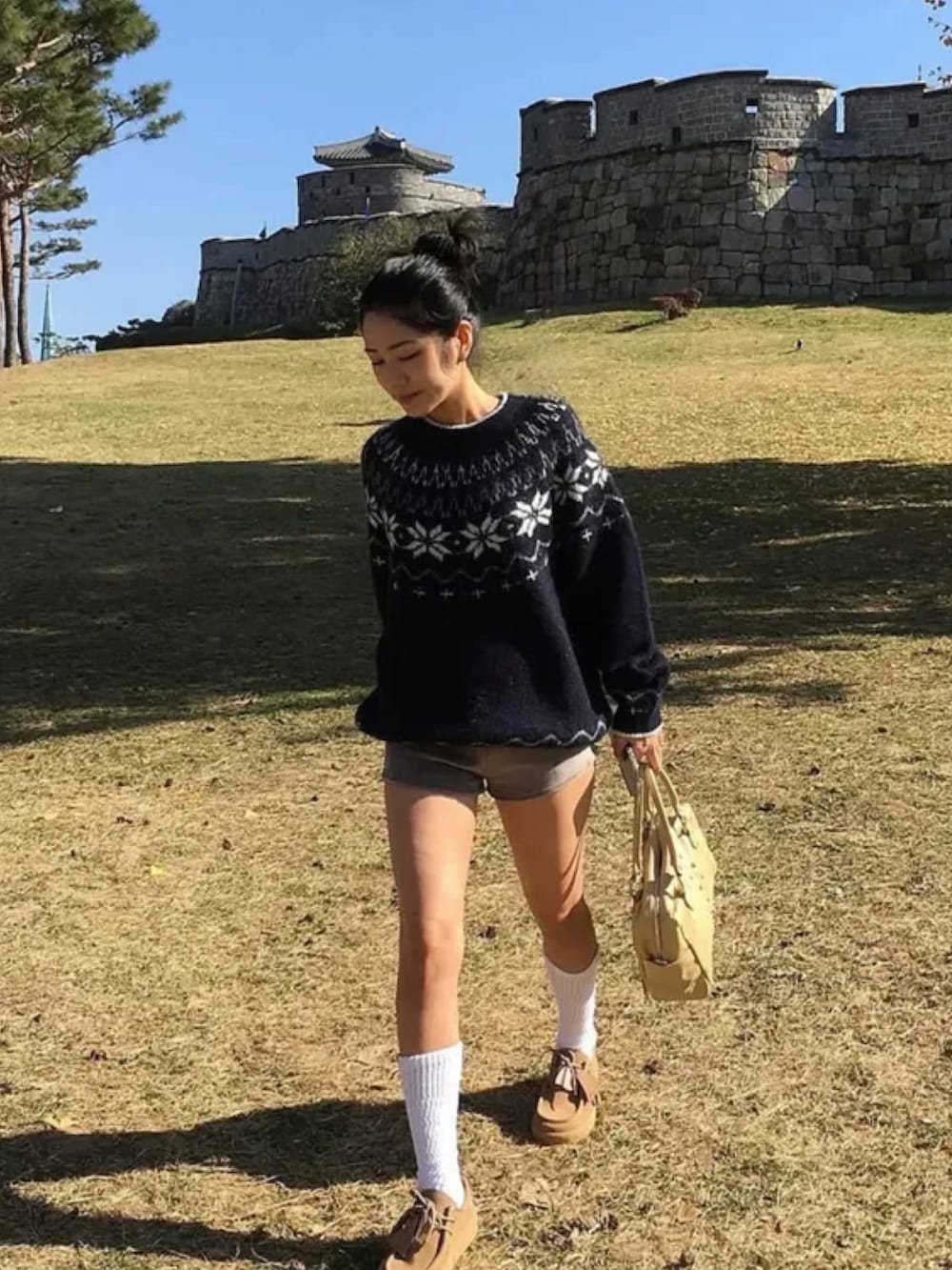 ブルー系のニット/セーターを着用したレディースの冬コーディネートの2枚目の写真