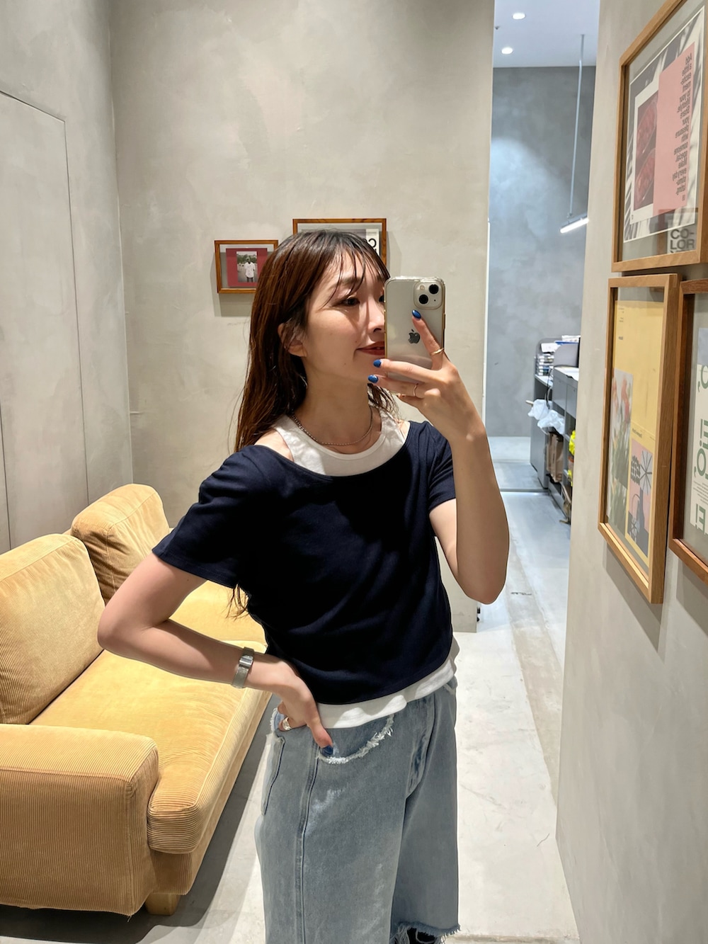 「Kastane、レイヤードスタイル、レイヤード、夏コーデ」｜「KastaneのリブレイヤードTEE（Tシャツ/カットソー、ブルー系）」を使った、itabaさん（レディース・161cm）の春コーディネートの2枚目の写真