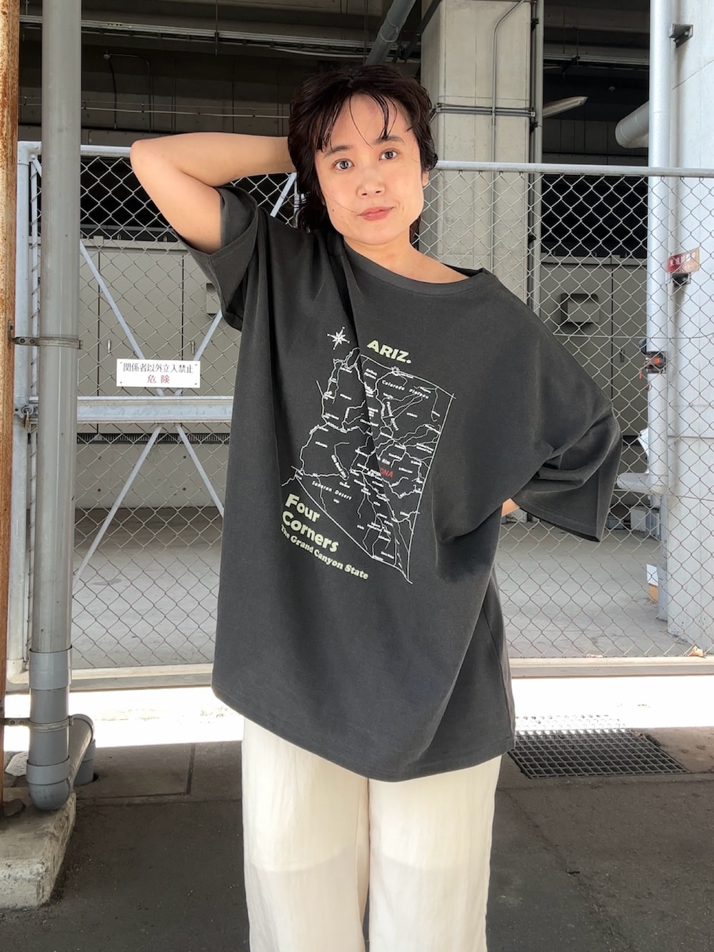 グレー系のTシャツ/カットソー、ホワイト系のその他パンツを着用したレディースの夏コーディネートの3枚目の写真