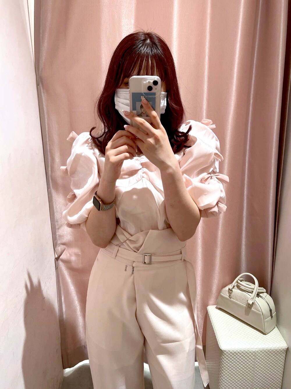 「春服コーデ、きれいめカジュアル、お出かけコーデ、オトナカワイイ、ピンクコーデ、骨格ナチュラル、高身長女子、高身長コーデ、ナイスクラップ、seemi.byNICE CLAUP、nice claup、サンダル、ブラウス」｜「Seemi. byNICECLAUPの【Seemi】リボンブラウス（シャツ/ブラウス、ピンク系）」を使った、なぎなぎさん（レディース・164cm）の春コーディネートの4枚目の写真
