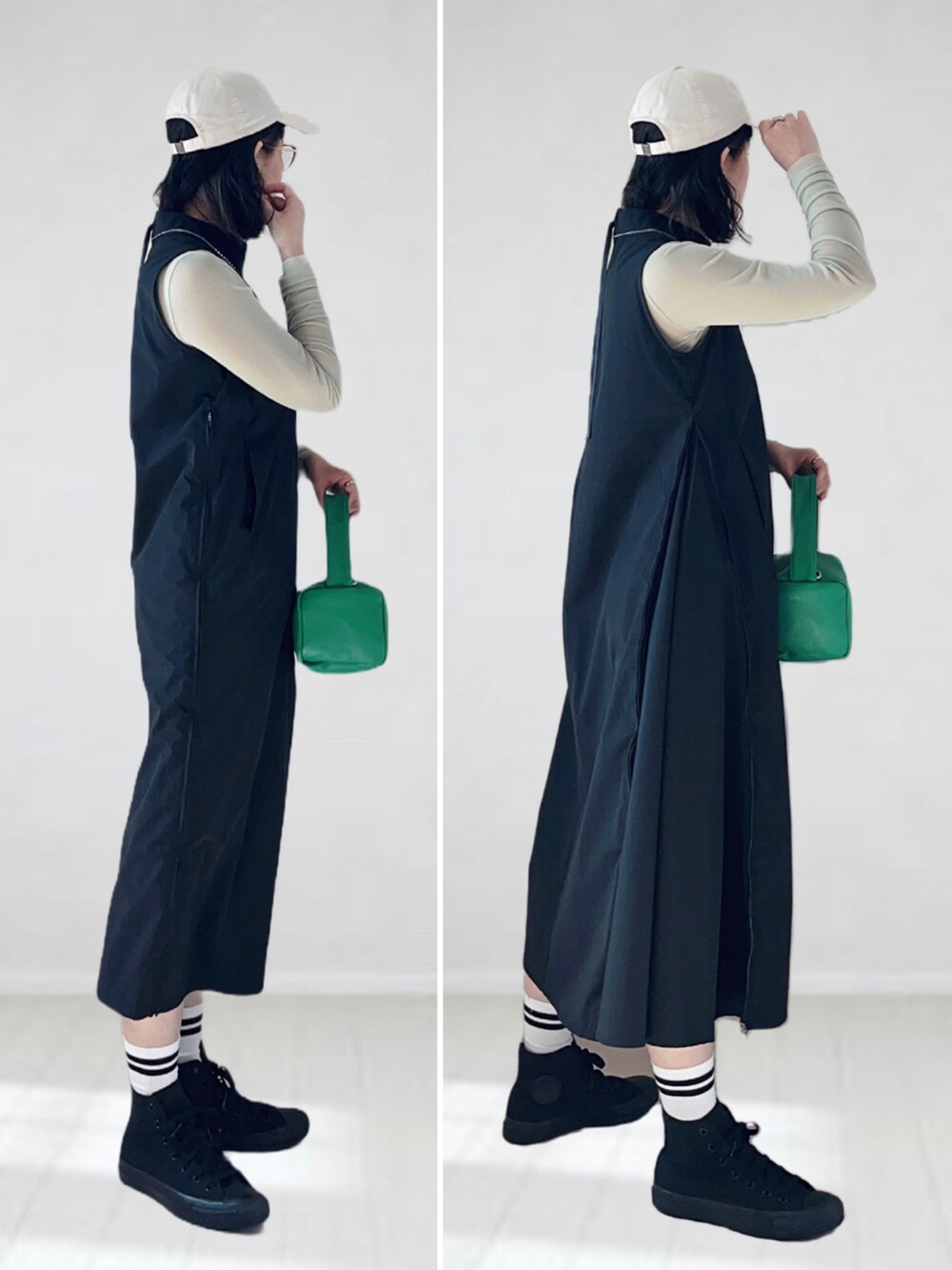 ブラック系のワンピース、グリーン系のTシャツ/カットソー、グリーン系のショルダーバッグを着用したレディースの春コーディネートの2枚目の写真
