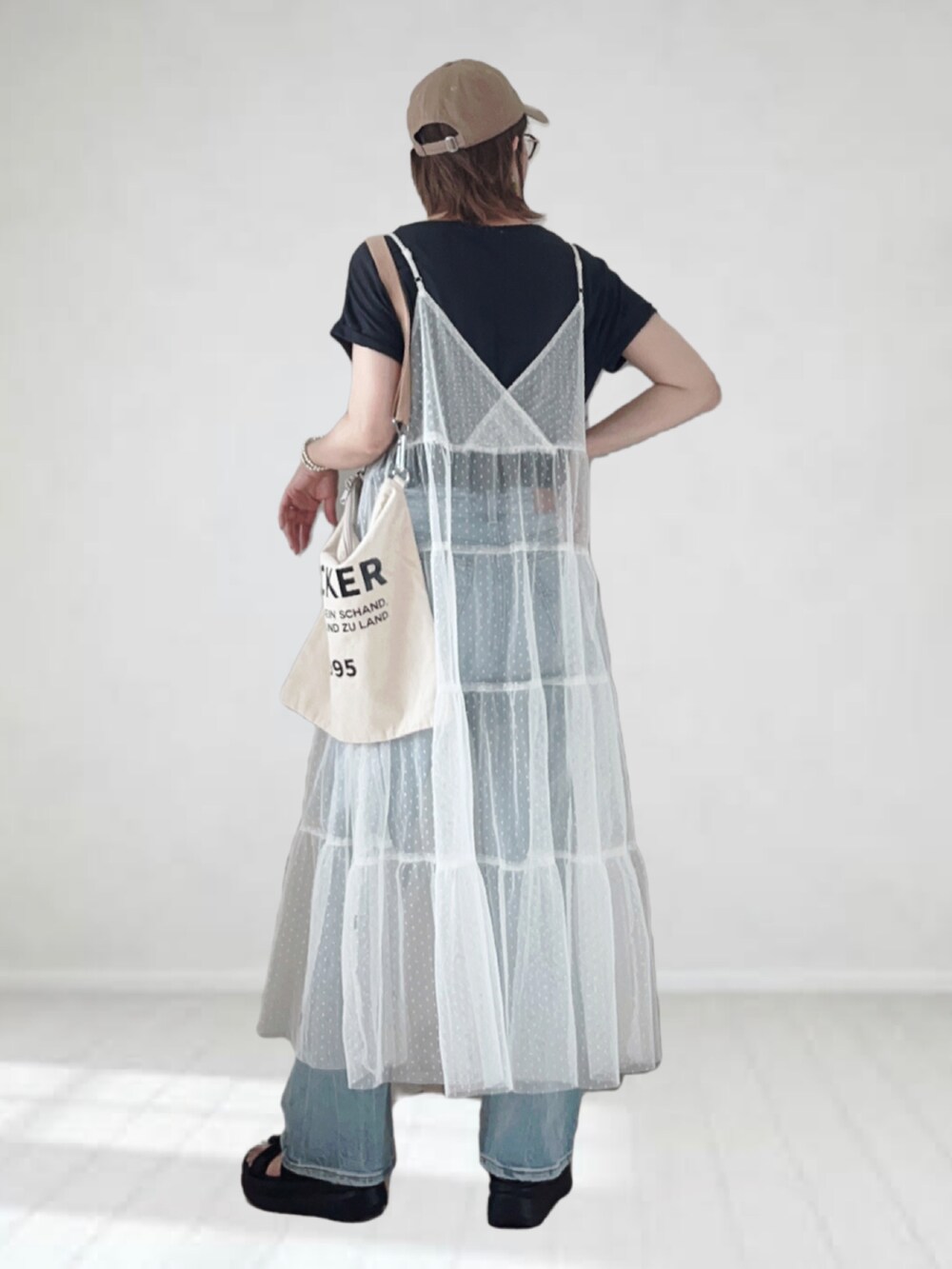 ブラック系のサンダル、グレー系のTシャツ/カットソー、ホワイト系のワンピース/ドレスを着用したレディースの夏コーディネートの3枚目の写真