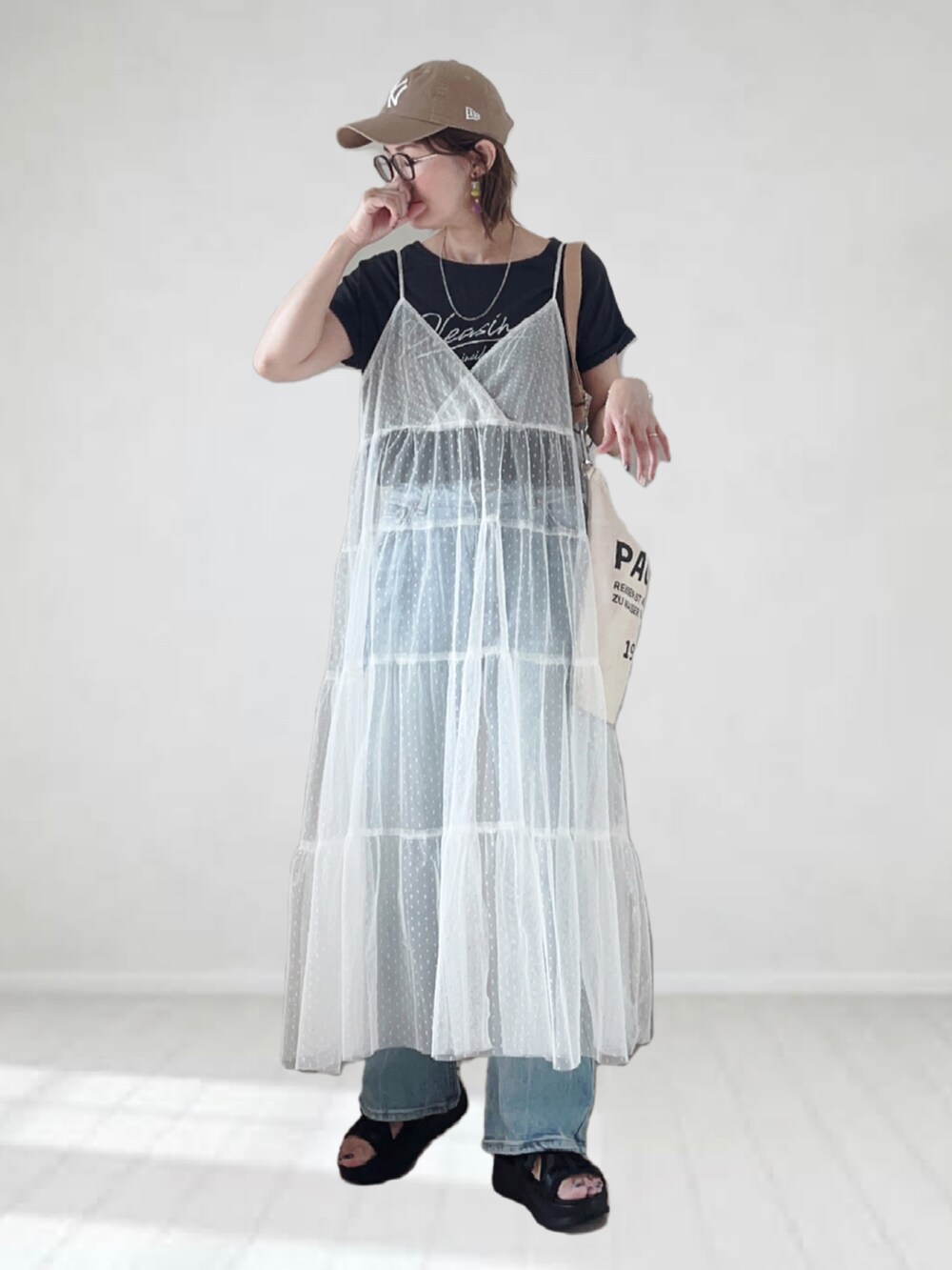 ブラック系のサンダル、グレー系のTシャツ/カットソー、ホワイト系のワンピース/ドレスを着用したレディースの夏コーディネートの2枚目の写真