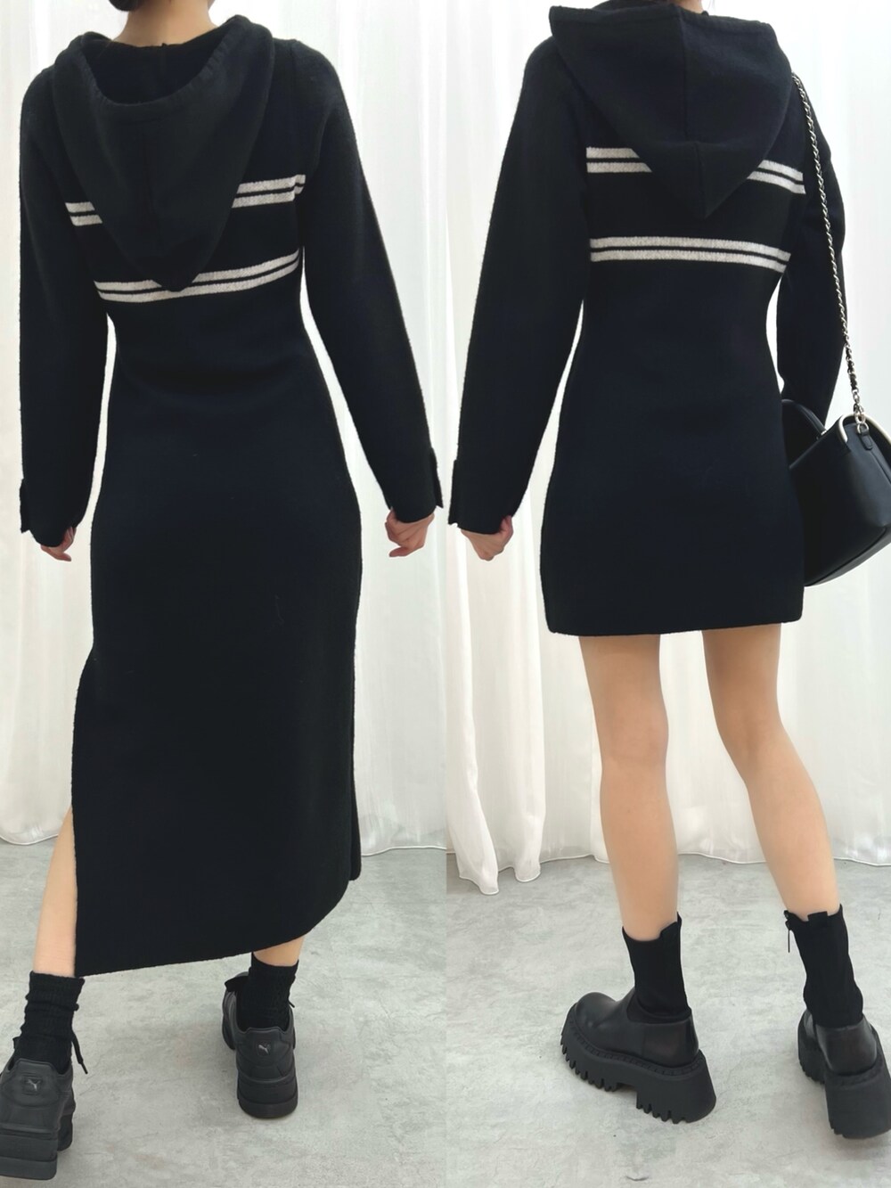 ブラック系のワンピース、ブラック系のワンピース、ブラック系のショルダーバッグを着用したレディースの冬コーディネートの3枚目の写真