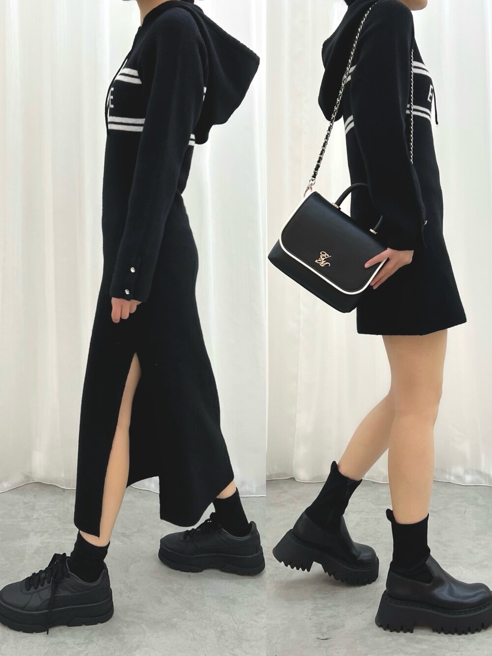 ブラック系のワンピース、ブラック系のワンピース、ブラック系のショルダーバッグを着用したレディースの冬コーディネートの2枚目の写真