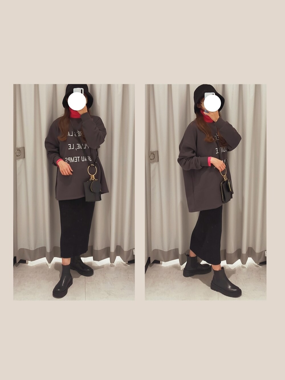 グレー系のスウェット、ブラック系のスカート、ブラック系のブーツを着用したレディースの秋コーディネートの2枚目の写真