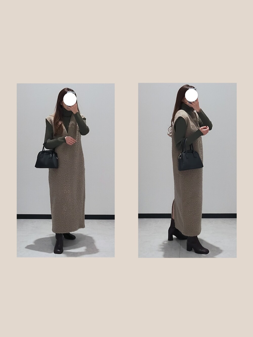 ブラック系のボストンバッグ、ブラウン系のワンピース、グリーン系のニット/セーターを着用したレディースの冬コーディネートの2枚目の写真