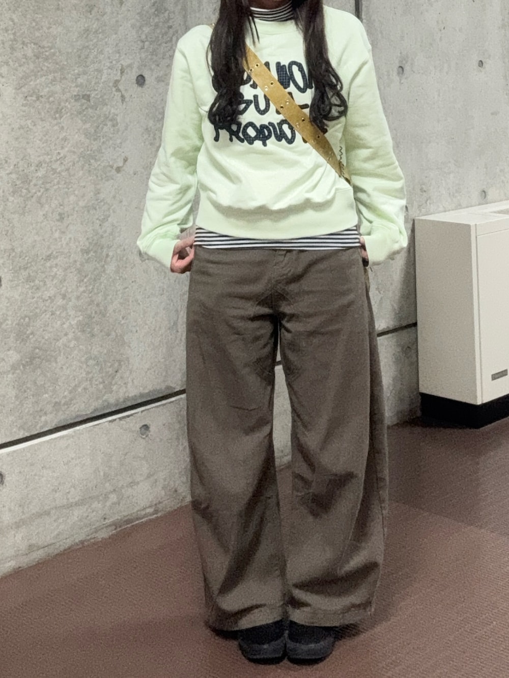 グリーン系のスウェット、イエロー系のショルダーバッグ、ブラウン系のデニムパンツを着用したレディースの秋コーディネートの2枚目の写真