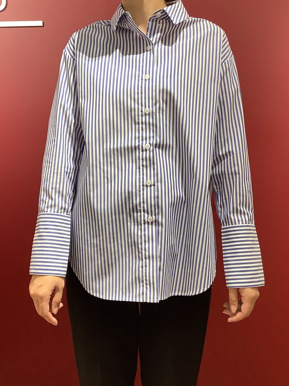 ブルー系のシャツ/ブラウスを着用したレディースの秋コーディネートの2枚目の写真