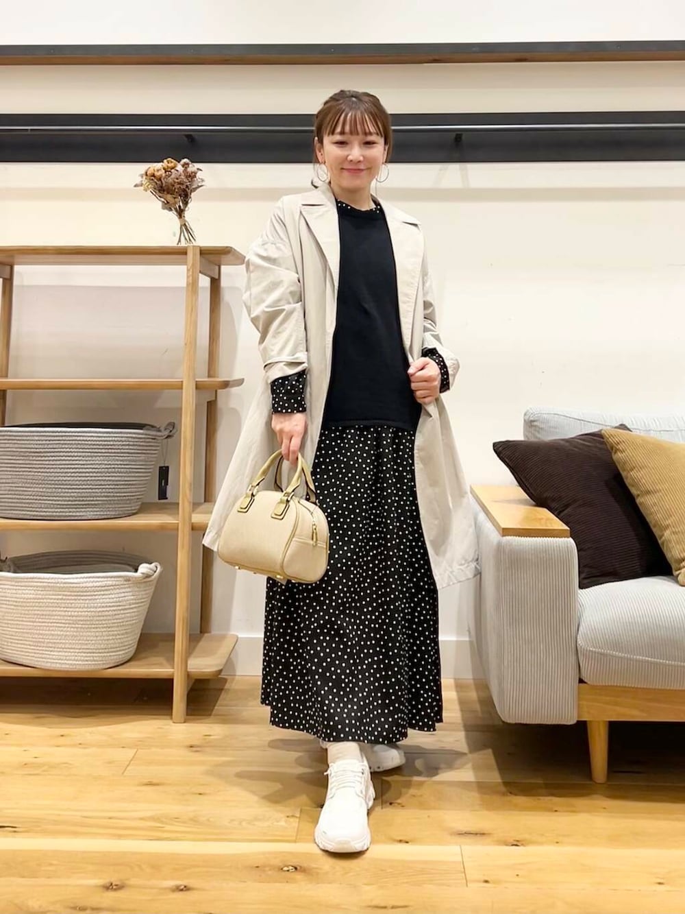 「doors、低身長コーデ、40代、骨格ストレート、イエベ春、ストレート×イエベ春、春アウターコーデ、ストレート×イエベ」｜「FORK&SPOONのFORK&SPOON　オーバーライトミドルコート（その他アウター、ベージュ系）」を使った、+++ゆき+++さん（レディース・151cm）の春コーディネートの2枚目の写真