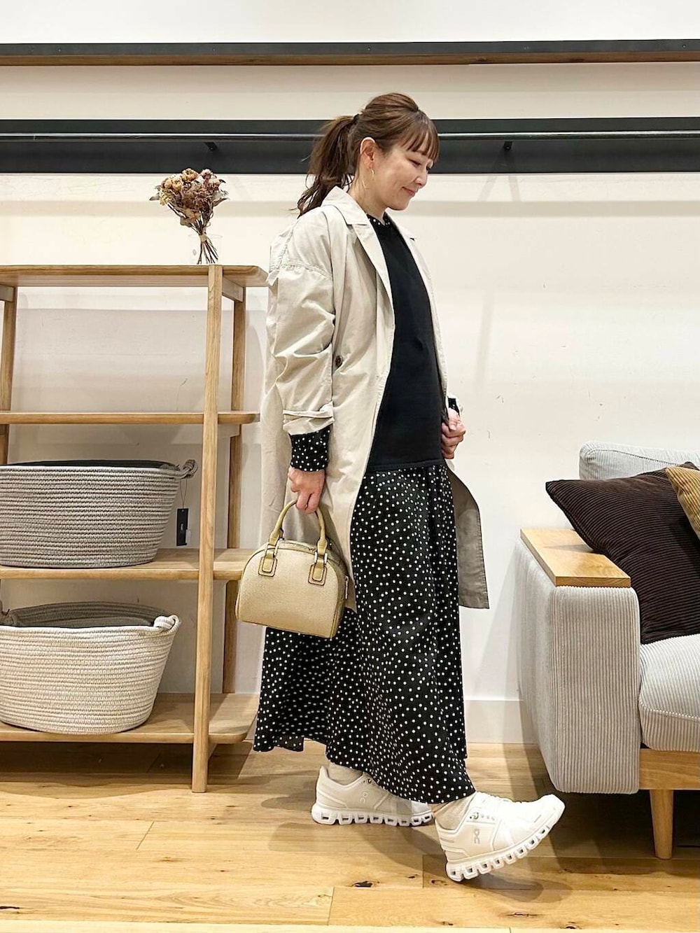 「doors、低身長コーデ、40代、骨格ストレート、イエベ春、ストレート×イエベ春、春アウターコーデ、ストレート×イエベ」｜「FORK&SPOONのFORK&SPOON　オーバーライトミドルコート（その他アウター、ベージュ系）」を使った、+++ゆき+++さん（レディース・151cm）の春コーディネートの4枚目の写真