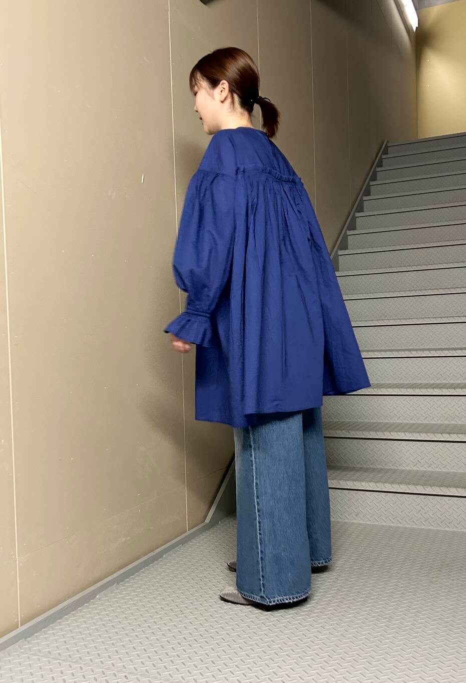 ブルー系のデニムパンツ、ブルー系のチュニック、グレー系のバレエシューズを着用したレディースの夏コーディネートの2枚目の写真