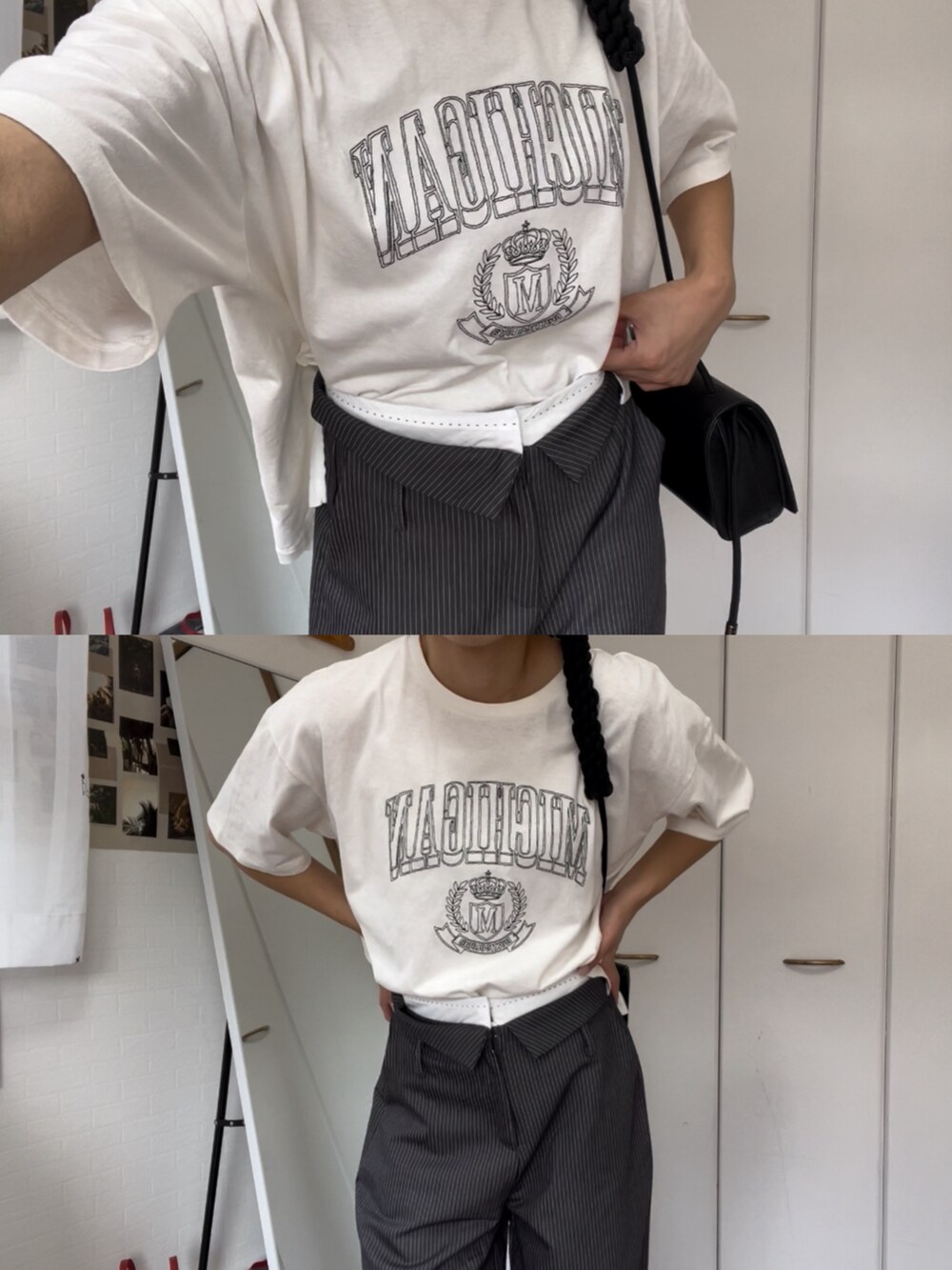 ホワイト系のTシャツ/カットソー、ブラック系のショルダーバッグ、グレー系のパンツを着用したレディースの秋コーディネートの2枚目の写真