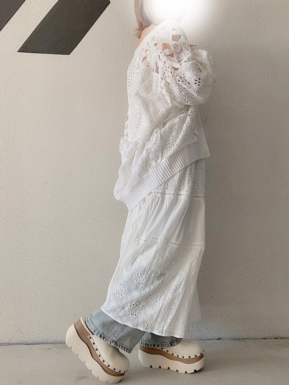 ホワイト系のサンダル、ホワイト系のカーディガン/ボレロ、ホワイト系のワンピース/ドレスを着用したレディースの夏コーディネートの4枚目の写真