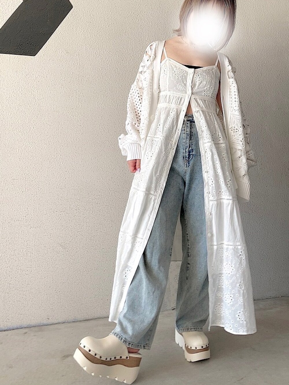 ホワイト系のサンダル、ホワイト系のカーディガン/ボレロ、ホワイト系のワンピース/ドレスを着用したレディースの夏コーディネートの2枚目の写真